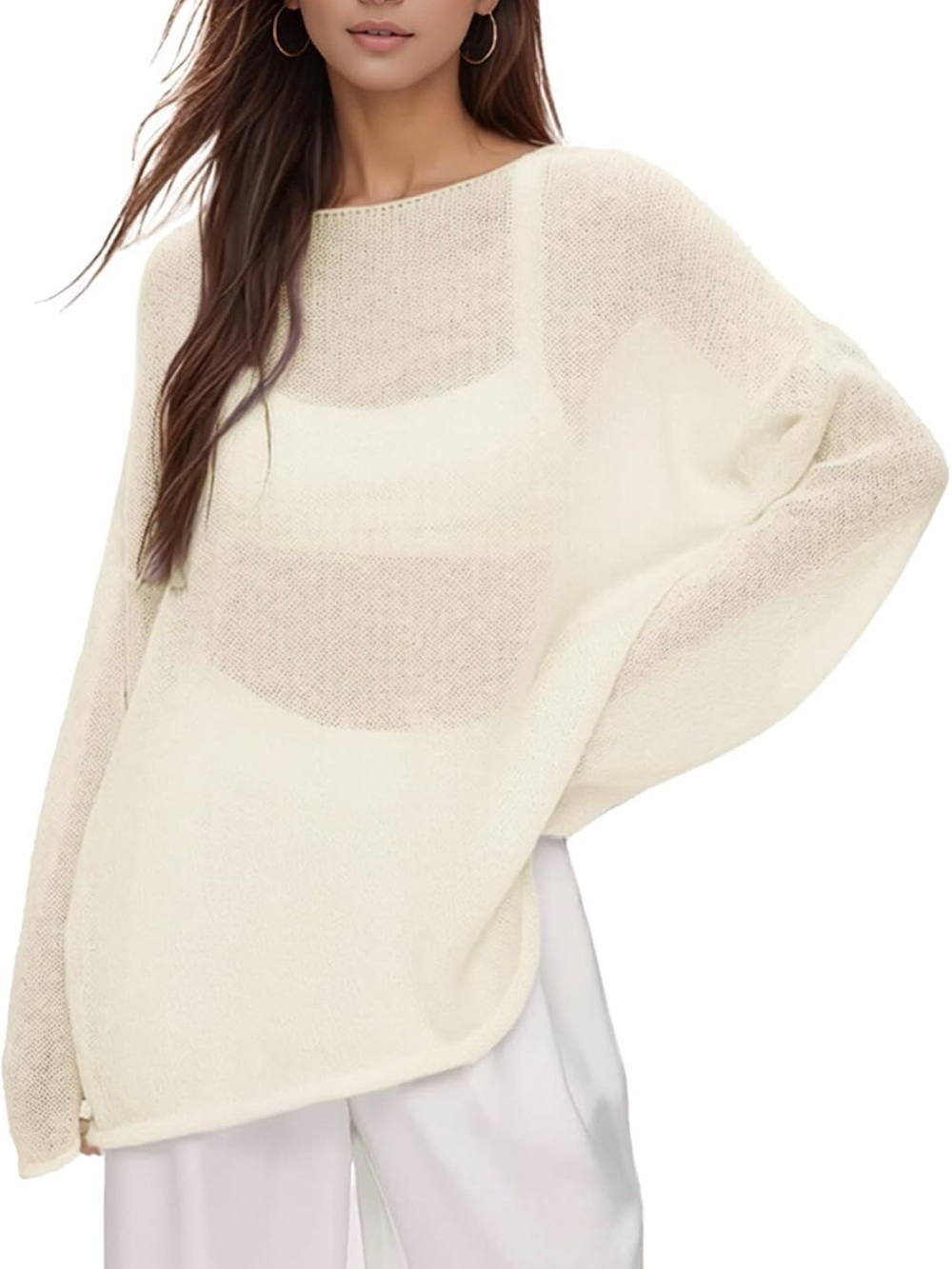 Women’s Oversized Sheer Mesh Knit Sweater w/ Bell Long Sleeve